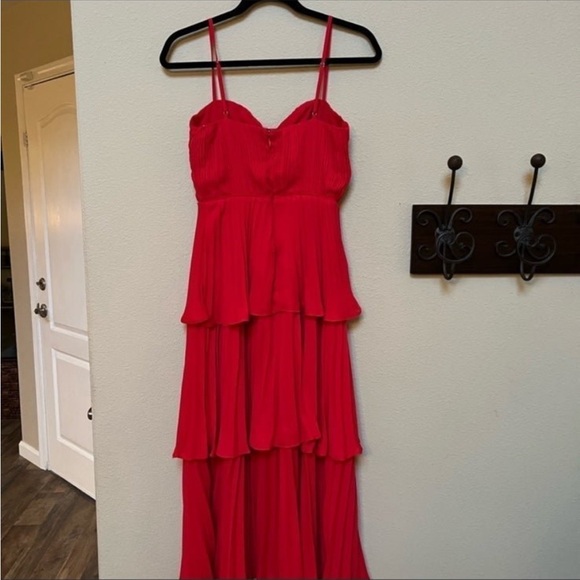 Red Bustier Pleated Tiered Chiffon Midi Dress 🌿 similar to Abercrombie Giselle - Picture 8 of 10